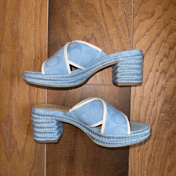 Coach Sloan Signature Espadrille Block Heel Sandals Blue Chambray Size 6 - Picture 4 of 7